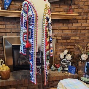 SAACHI Hooded Square Crochet Ruana - White Combo Osfm Festival Boho Eclectic